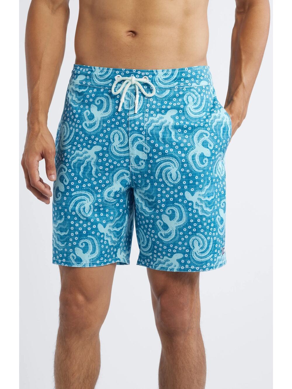 Johnnie-O Men's Swim Trunks Octopus Printed Stretch 7" Surf Shorts in Blue XL